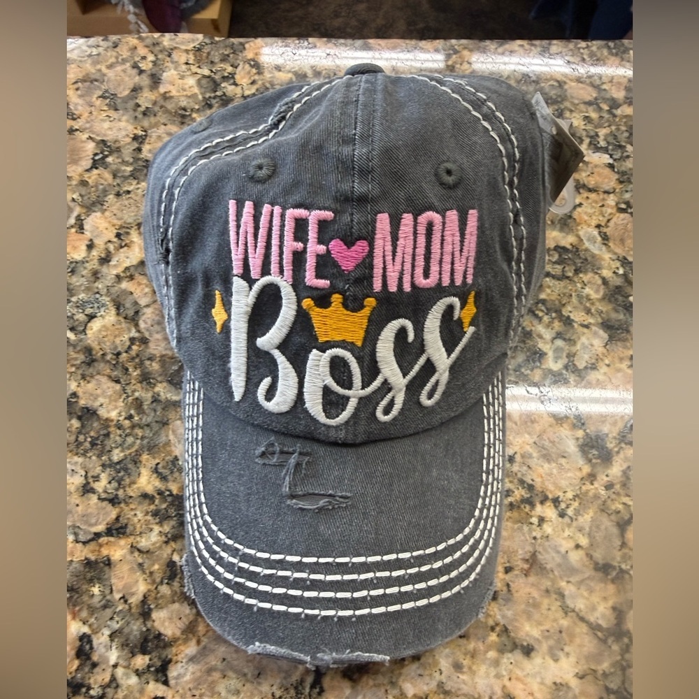KBETHOS Wife Mom Boss Distressed Baseball Cap Hat Gray NWT